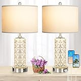 Table Lamps for Bedroom Set of 2, Nickel Beside Lamps with Dual USB Charging Ports, Silver Modern Nightstand Lamps with LED Night Light for Living Room Study End Tables, Bulbs Not Included