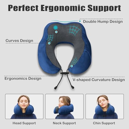 Image of Travel Pillow, Memory Foam Neck Pillow for Traveling, U Shape Neck Pillow Airplane Portable Flight Pillow Travel Kit with 3D Contoured Eye Masks and Earplugs for Plane Train Car Home Office - Blue