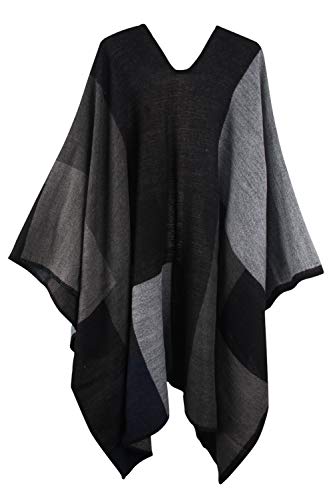 Vamjump Women Color Block Wrap Shawl Oversized Blanket Poncho One Size Black #TOP1