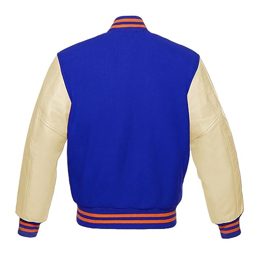 Varsity Jacket Baseball Letterman Bomber Wool & Light Cream Genuine leather Sleeves With Orange Stripe2