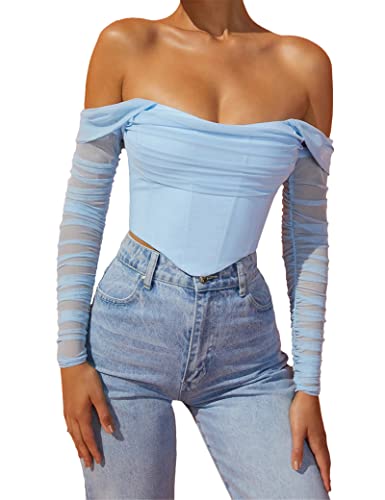 M_Eshop Women's Mesh Sheer Corset Crop Top Ruched off Shoulder Blouse Asymmetrical Hem Boned Bustier (Medium, Blue)