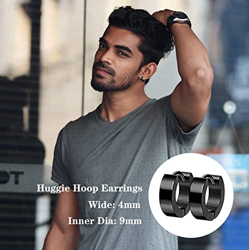 8-12 Pairs Earrings for Men Surgical Steel Mens Black Earrings Multipack Stud Huggie Small Hoop Earrings Set3