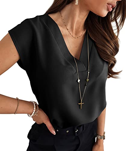 Lynwitkui Women's V Neck Chiffon Blouses Cap Sleeve Shirts Casual Loose Work Office Solid Tops