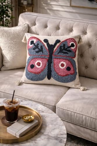 Image of Hand Tufted Cotton Cushion Cover with Butterfly Design and Tassels, Textured Throw Pillow Case for Sofa, Couch, Bed, Boho Farmhouse Home Decor, 16x16 Inch, Pack of 1