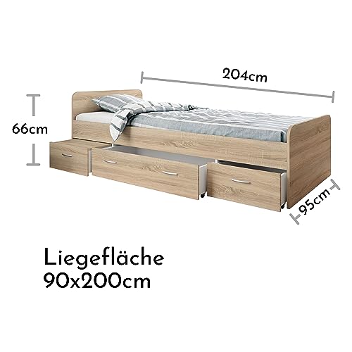 Boro Modernes Einzelbett mit 3X Schubkästen 90 x 200 cm - Praktisches Jugendzimmer Kojenbett in Eiche Sonoma Optik - 95 x 66 x 204 cm (B/H/T)