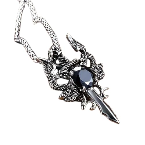 bling queen Men's Silver Plated Dragon Sword Pendant Necklace with cubic zirconia-picture-13