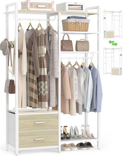 78.7'' Clothes Rack for Hanging Clothes - Reversible Clothing Rack with 2 Drawers, Heavy Duty Garment Racks with Shelves, 6 Tiers Freestanding Closet Wardrobe System with Hanging Hooks, White Oak