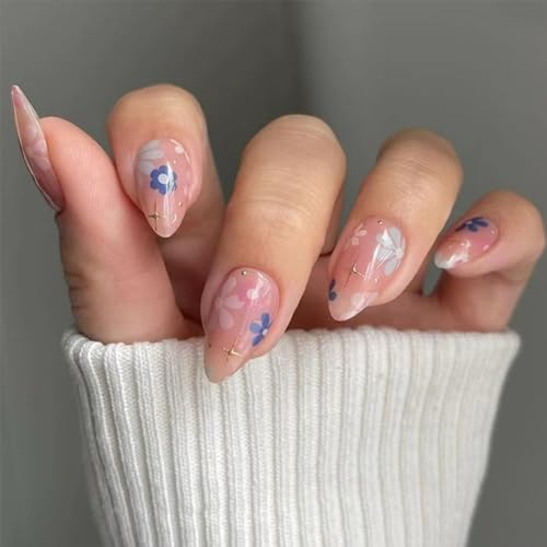 Flower Press on Nails Medium Almond Fake Nails Pink False Nails P...