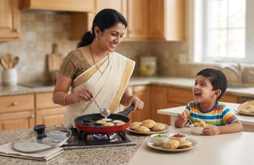 Image of Tosaa Non-Stick 12 Cavity Appam Patra Pan with Glass Lid | Appam patra with Long Handle | Appam Maker | Appam pan | Appe Stand | 20cm