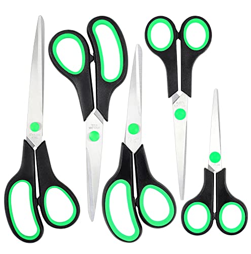 Multipurpose Sharp Scissors Set of 5, Premium Stainless Steel Blades, Comfort Grip Handles, Fabric Craft Scissors for Office School and Home, Right/ Left handed, 5.5/6.8/7.6/8/9.5inch (Black, Green)