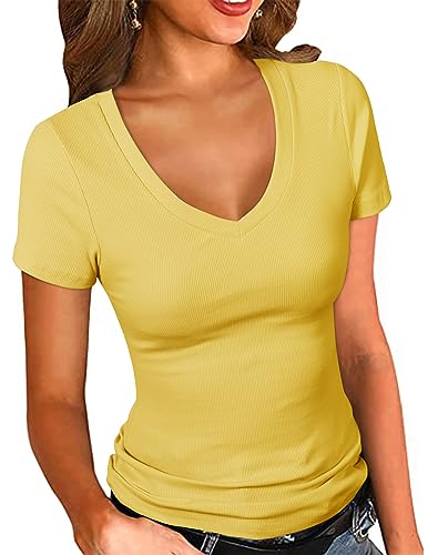 PALINDA Camiseta ajustada de manga corta para mujer, cuello en V, ajustada, básica, ajustada, Amarillo mostaza, S