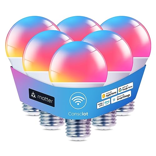 Consciot-Smart-Light-Bulbs-WiFi-Bluetooth-Color-Changing-LED-Light-Bulb-A19-E26-RGBTW-Light-Bulbs-That-Works-with-AlexaGoogle-HomeApple-HomeSiri-Music-Sync-60W-Equivalent-Smart-Bulb-6-Pack Consciot Smart Light Bulbs, WiFi Bluetooth Color Changing LED Light Bulb, A19 E26 RGBTW Light Bulbs That Works with Alexa/Google Home/Apple Home/Siri, Music Sync, 60W Equivalent Smart Bulb, 6 Pack - Image 1