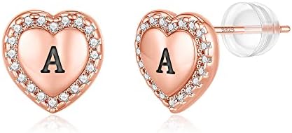 Initial Earrings for Girls Heart Earrings, Sterling Silver Post Girls Earrings Hypoallergenic Earrings for Girls Kids Earrings Rose Gold Letter Initial Stud Earrings for Girls Teen Girls Toddler (A)