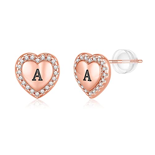 Initial Earrings For Girls Heart Earrings, Sterling Silver Post Girls Earrings Hypoallergenic Earrings For Girls Kids Earrings Rose Gold Letter Initial Stud Earrings For Girls Teen Girls Toddler (A) #TOP1