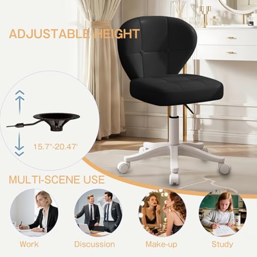 Image of Small Office Chair with Lumbar Support, PU Leather Armless Swivel Desk Chair Adjustable Height, Compact Rolling Chair for Home Office, Bedroom, Study Black Set of 2