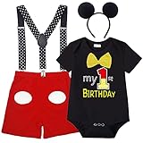 Wosixima Baby Boys Mouse Costume Outfit 1st Birthday Cosplay Bowtie Bodysuit Suspenders Shorts Pants One year Old Cake Smash Tuxedo, 12-18 Months, Black