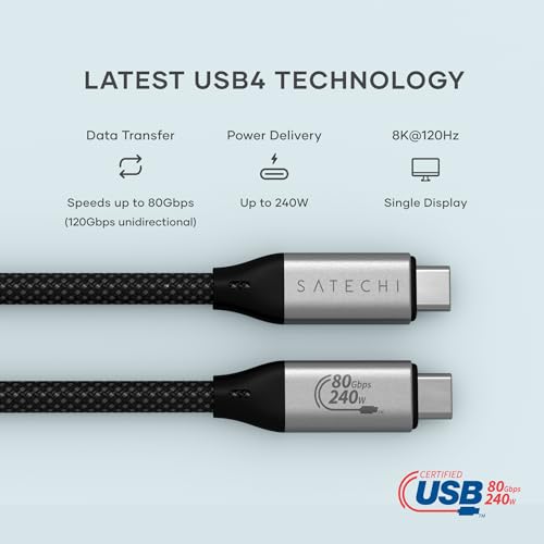 Image of Satechi USB4 V2 Pro Cable, USB C Cable 1.2m / 3.9ft, up to 120Gbps Data Transfer, 240W Power Delivery, 8K Display, Thunderbolt 5 /4 /3 Compatible, for MacBook, Windows and More