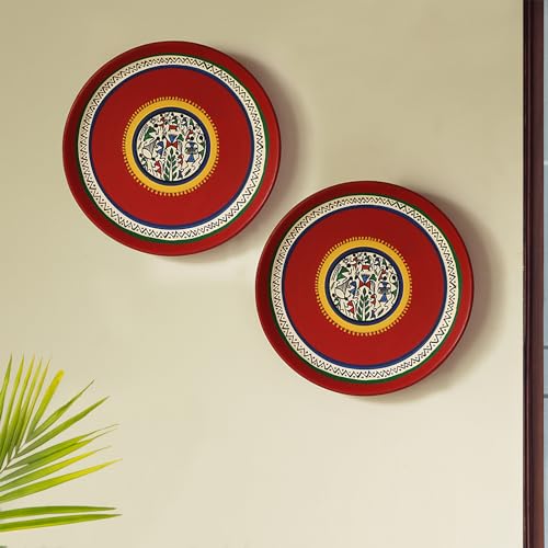 ExclusiveLane 'The Warli Tales' Hand-Painted Terracotta Wall Plates for Home Decoration (Set of 2, Each Plate Height :- 8 Inch, Red) | Wall Décor Items for Living Room Home Décor and Gifting Items
