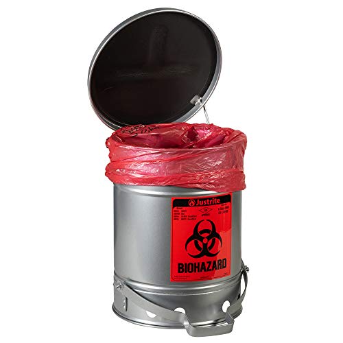 Image of Justrite 05914 SoundGuard Steel Biohazard Waste Container with Foot Operated Cover, 6 Gallon Capacity, 11-7 /8 inch OD x 15-7 /8 inch Height, Silver