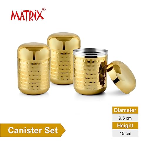 Image of MATRIX Stainless Steel Hammer Finish Capsule shaped Canister Set of 3 | Kitchen Containers Set | Tea Coffee Sugar Canister | 100% Food Grade Stainless Steel Storage Containers (Golden Color Coated)