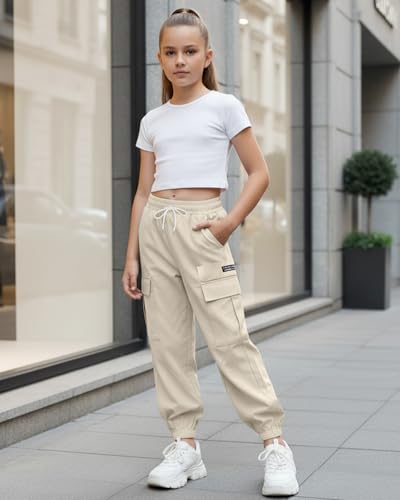 Image of JiAmy Girls Cargo Pants Elastic High Waist Drawstring Pants Jogger Trousers Casual Loose with Pockets 6-14Y
