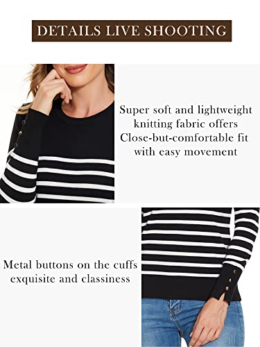 Image of Sweaters for Women Striped Crew Neck Pullover Sweater Lightweight Long Sleeve Fall Knit Tops