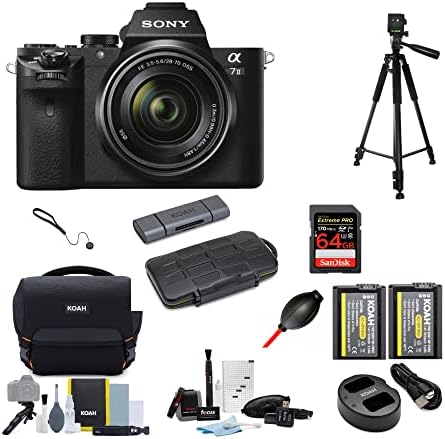Sony Alpha a7II Mirrorless Digital Camera with 28-70mm Lens, 60-Inch Tripod, Bag, 64GB SD Card, Battery and Dual Charger, Accessories, Case, Dust Blower and Lens Cap Keeper Bundle (9 items)