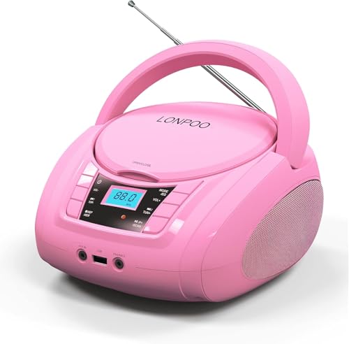 Image of LONPOO CD Player Portable Boombox with FM Radio /USB /Bluetooth /AUX Input and Earphone Jack Output, Stereo Sound Speaker & Audio Player,Pink