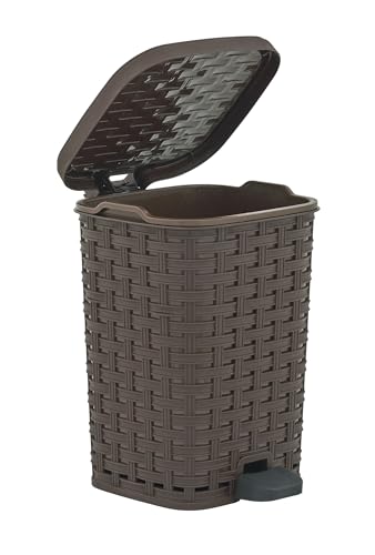 Image of Superio Mini Trash Can with Foot Pedal Small Outdoor Garbage Can with Lid, 1.5 Gallon Plastic Waste Basket for Bathroom, Bedroom, Kitchen, Office, Patio (Wicker Smoke 6 QT.) (Brown, 1.5 Gallon)