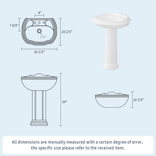 20 x 26 Inch Bathroom Pedestal Sink, Classic Freestanding Ceramic Sink with Overflow Hole, Vintage White Bathroom Sink with 3 Pre-Drilled Holes for 8 Inch Faucets