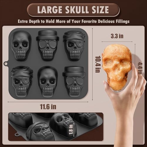 Image of HKNMTT Halloween Silicone Molds for Baking Extra large, 6 Cavities 3D Skull Cake Pizza Soap Pan Molds, Nonstick Halloween Skeleton Mold for Ice Cupcake