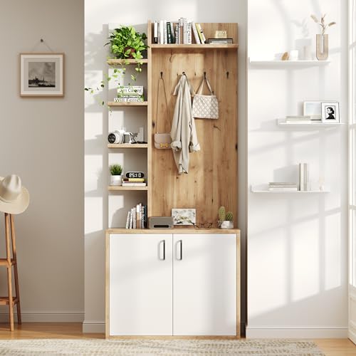 Merax Garderoben-Set Wandgarderobe, Flurgarderoben Set mit Schuhschrank, Offene Regale, 4...