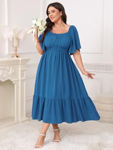 Image of CICIDUDU Plus Size Smocked Maxi Dresses for Curvy Women Square Neck Flowy Casual Summer Wedding Guest Dress