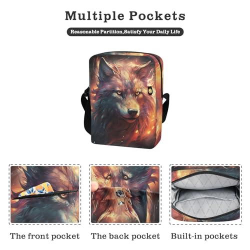 Crossbody Bag Fire Flame Wolf Animal Messenger Bag for Women Men Purse Shoulder Bag Satchel Bag with Adjustable Strap 214A48262
