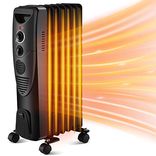 Kismile 1500W Oil Filled Radiator Heater, Portable Electric Heater with Adjustable Thermostat & Overheat Protection, 3 Heat Settings Oil Heater for Home/Office (Black)