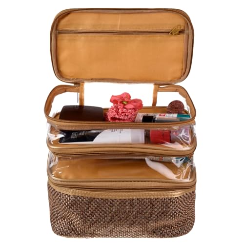 Kuber Industries Makeup Kit | Jute 3 Layer Cosmetic Kit Pouch | Antique Color Travel Kit with Clear window | Vanity Kit for Woman with Handle | Golden