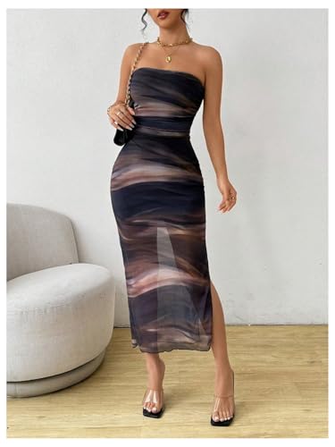 Image of Milumia Women's Tie Dye Strapless Maxi Dress Mesh Split Bodycon Vacation Long Tube Dresses