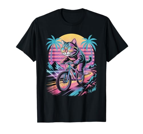 Cool Cat Riding Bicicleta Synthwave 80s Retro Sunset Vibes Camiseta