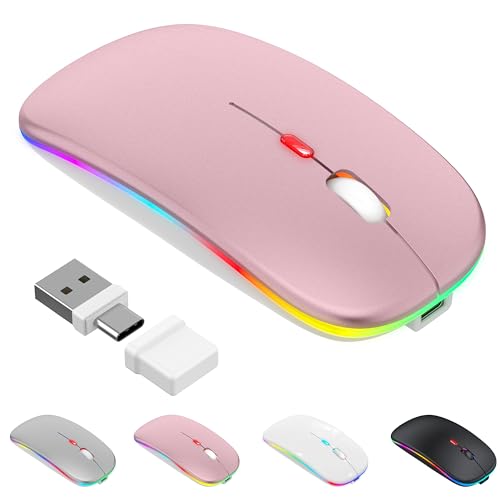 Azmall Mouse wireless con modalità jiggler – Bluetooth 5.2 & 2.4G radio per computer portatile, PC, iOS, Android, iPad e Windows, LED a 7 colori e 1600 DPI ottico (Modalità Jiggler, Oro Rosa)