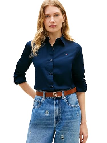 Tommy Hilfiger Women's Regular Poplin Roll Tab Long Sleeve Button Up Shirt, Dark Night Navy Large