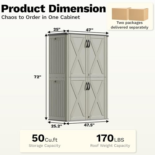 Image of Devoko 50 Cu Ft Plastic Outdoor Storage Cabinet, Beige | Vertical Resin Storage Shed with Lockable Door, Waterproof Shed for Patio Furniture Pool Toy, Garden Tool, Shelf Not Included