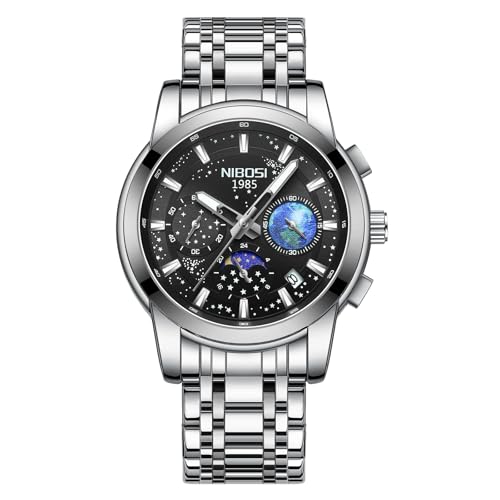 Image of NIBOSI Watches for Man Analog Quartz Classic Square Silver Minimalism Design Men Watches Stainless Steel Band Wrist Watch Day-Date Waterproof