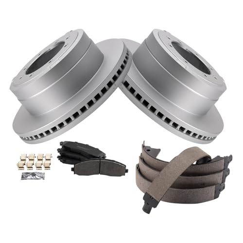 Image of TRQ Rear Brake Pad & Rotor Kit Parking Brake Shoe Set Semi-Metallic Premium G-Coated Compatible with 2013-2019 Ford F-350 Super Duty 2013-2014 F-450 Super Duty