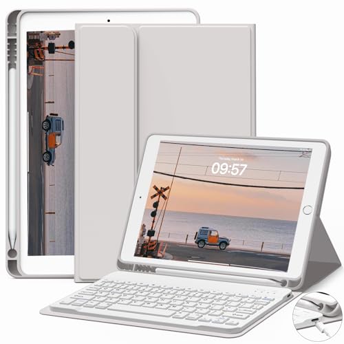 JKSML Tastatur Hülle für iPad 9./ 8./ 7.Generation (2021/2020/ 2019) mit Pencil Halter, Soft TPU Rückseite Schutzhülle, Abnehmbarer Bluetooth QWERTZ Tastatur für iPad 10.2 Zoll (Grau)