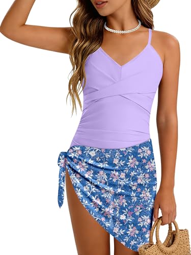 Image of Girls Swimsuit Criss Cross Ruched One Piece Bathing Suit with Printed Mesh Cover Ups Adjustable Straps Swimwear 7-16Y