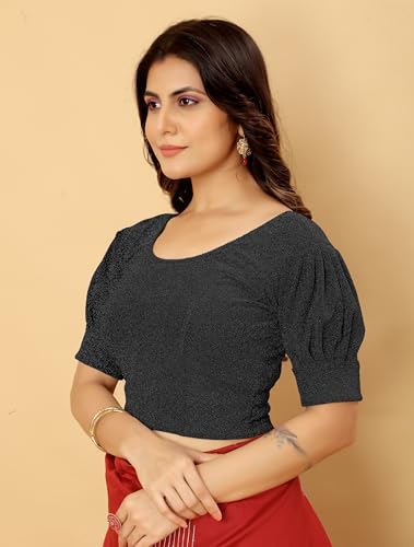Image of Amazon Brand - Anarva Women's Readymade Shining Lycra Stretchable Round Neck Half Sleeve Blouses