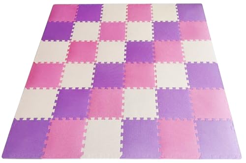 BalanceFrom 36-Pack 12x12 Inches EVA Interlocking Foam Play Tile Mat, Pink/Purple/Beige – 0.4-Inch Thick Non-Slip Puzzle Flooring for 36 Square Feet in Playroom, Nursery, or Playpen at Home