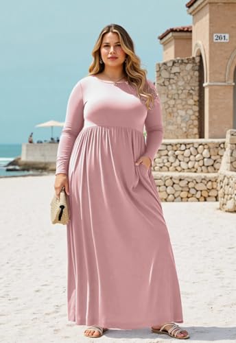 Image of Nemidor Plus Size Maxi Dress for Curvy Women Fall Casual Loose Long Sleeve Dresses with Pocket 14-26