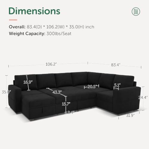 Image of HONBAY Sectional Sleeper Couch with Pull Out Bed, U Shaped Sectional Sofa with Storage, Modular Velvet Sectional Couches for Living Room, Black