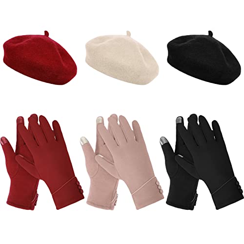 Image of Beret Hats for Women Warm Winter Gloves Set 3 Pcs French Style Beanie Cap with 3 Pairs Touchscreen Windproof Gloves for Winter Using